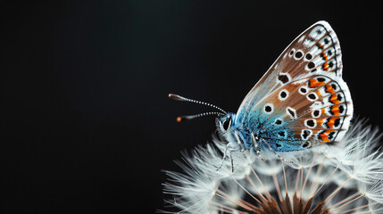 Obraz premium blue morpho butterfly on dandelion, against a black background, in the style of double exposure photography, presenting high resolution photography, hyper realistic details and texture