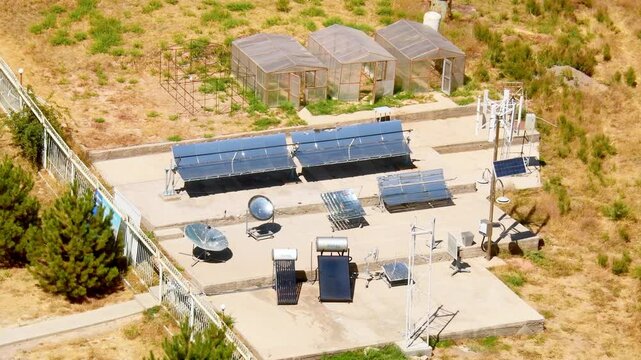 Parkent, Uzbekistan - 10th november, 2023: aerial view various reflectors by The solar furnace of Uzbekistan acting as a parabolic reflector. Institute of the sun and Physics of the sun.