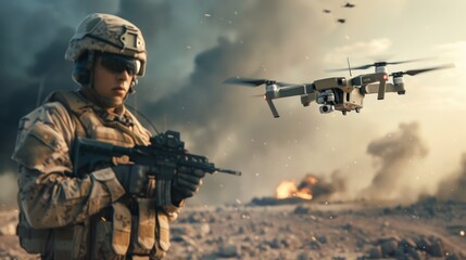 Military soldier with helmet and sunglasses holding a rifle on a battlefield, with a drone flying nearby. Realistic combat scene in a warzone with smoke and explosions. Warfare imagery. AI