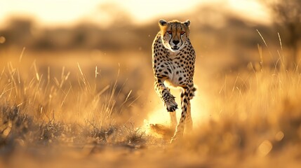 A focused cheetah runs through the open savanna, its eyes showing intense determination as it races across the dry, grassy landscape, showcasing incredible speed and agility.