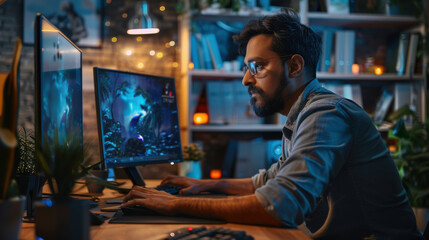 An Indian male game designer utilizing advanced 3D software on his desktop to design intricate characters and worlds for a captivating adventure game in a diverse office environment.