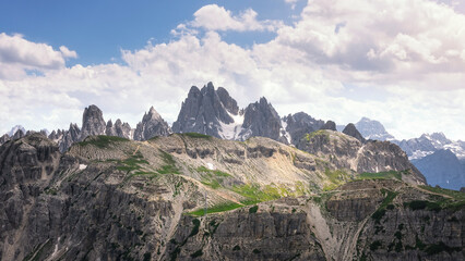 View of the Cadini di Misurina mountain from the path of the three peaks of Lavaredo. Dolomites, Italy