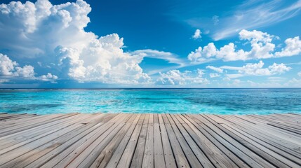 Fototapeta premium Beautiful ocean view with wooden boardwalk and clear blue sky. Perfect for travel and relaxation themes. Suitable for backgrounds and wallpapers, brings a calm and refreshing vibe to images. AI