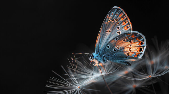 Fototapeta blue morpho butterfly on dandelion, against a black background, in the style of double exposure photography, presenting high resolution photography, hyper realistic details and texture