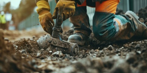 Fototapeta premium Close-up of Construction Worker Using a Jackhammer