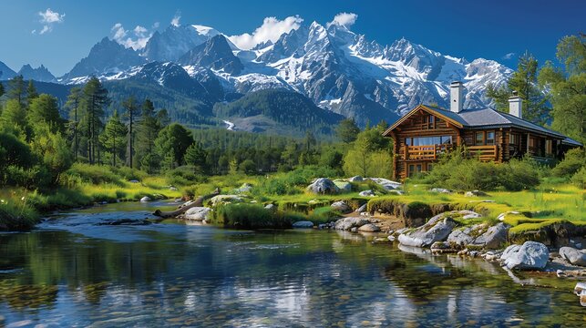 Picturesque retirement party invitation featuring an open area mountain lodge with snowcapped peaks with a writing space on the right side for retirement wishes and celebration details