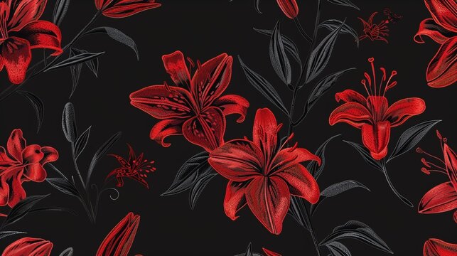 An artistic pattern featuring red flowers with black accents, showcasing delicate details and a stylish approach to floral design on a sophisticated black background.