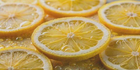 Macro shot of sliced lemons with shiny water drops perfect for cooking promotion Generative AI