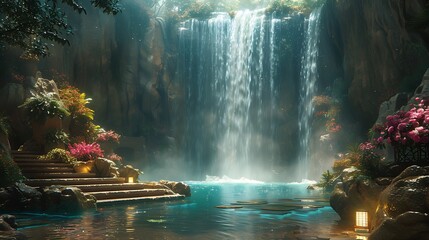 A surreal gallery with floating artworks and bioluminescent lighting, in a mystical setting. 