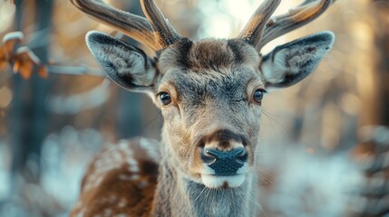 A detailed and captivating close-up image of a majestic deer with prominent antlers, standing gracefully amidst a beautiful forest background, highlighting nature’s elegance.