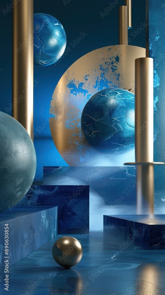 Poster serene 3d environment featuring floating futuristic shapes in vintage blue and rich sapphire blue, w