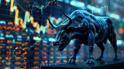 Angry bull statue on edge with stock market charts: Photorealistic depiction against dark blue gradient backdrop. Futuristic scene with digital glow, trading symbols, and floating numbers. 