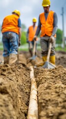 Skilled Builders Setting Foundations with Copy Space, Deep Depth of Field