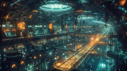 A vast, underground city with advanced technology and glowing architecture.