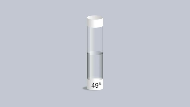 Loading glass tube bar progress animation. Processing from 0 to 100 filling on gray background. Percent indicator. Running bar counter