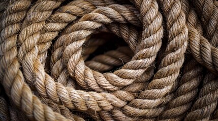 A close-up image showing coiled and twisted natural fiber rope, highlighting the texture and craftsmanship, symbolizing strength, durability, and traditional methods.