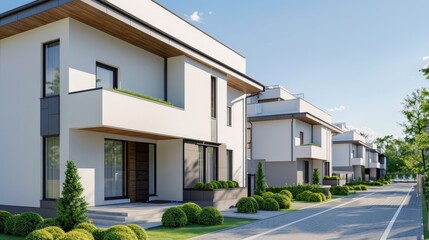 Stylish Modern Residential Area with Space for Text, Sharp Focus on All Objects, Deep Depth of Field
