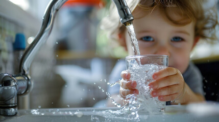 Child on a white background pouring water into a glass from a tap, looking at the camera, blurred background, child holding the glass in focus © Chatchanan