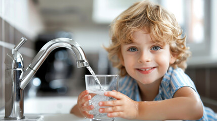 Child with a glass under a water tap, white background, focused on the glass, blurred background, looking at the camera © Chatchanan