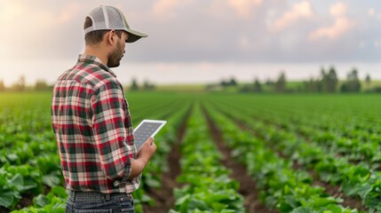 Modern Farmers Utilizing AI Technology for Field Analysis with Copy Space and Deep Depth of Field