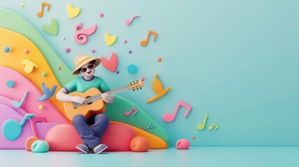 Obraz premium A 3D clay musician playing a guitar, surrounded by musical notes and instruments, joyful and artistic, 3D rendering, vibrant colors