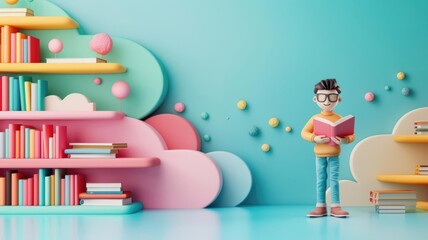 A 3D clay librarian in a cozy library, holding a stack of books, with shelves full of colorful books in the background, peaceful and intellectual, 3D rendering, warm tones