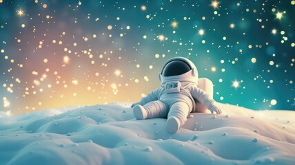 Clay astronaut on the moon, 3D render, spacethemed, starry night, detailed spacesuit, floating, joyful expression, dreamy