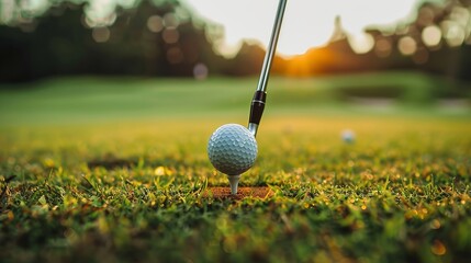 A golf club strikes a ball on the grass at dawn, capturing the precise and energetic moment of a golfer's swing amidst the early morning light and serene environment.
