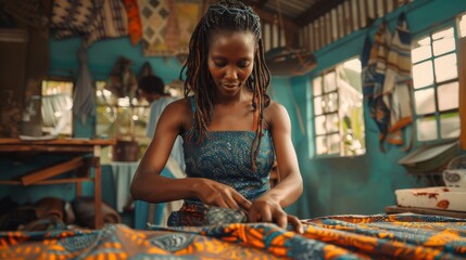 Seamstress Creating Colorful African Fabric Designs in Workshop. Generative ai