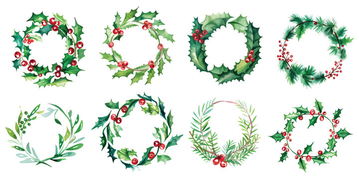Set collection of holy christmas mistletoe floral wreath flower frame border leaf decoration hand drawn watercolor design resources elements