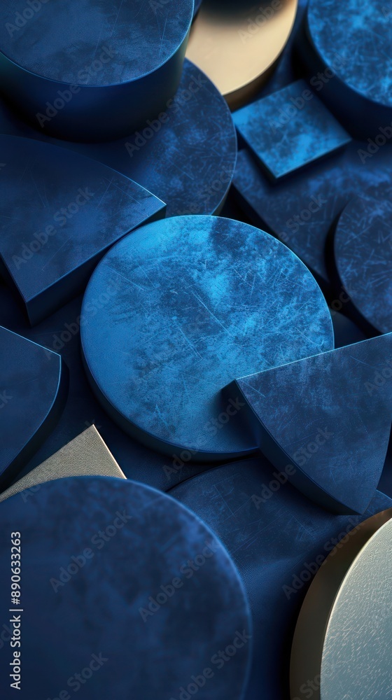 Aufkleber symmetrical arrangement of minimalist 3d shapes in vintage blue and deep sapphire, with subtle touch