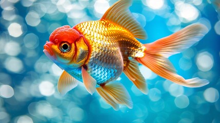 A lively, vibrant goldfish is pictured swimming gracefully with a backdrop of sparkling bokeh effects in the water, emphasizing its gleaming scales and mesmerizing elegance.