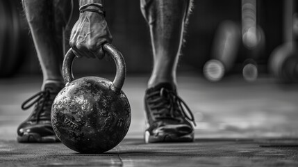 A high-detail black and white photo captures an athlete gripping a kettlebell on a gym floor, symbolizing strength, determination, and the raw power of commitment to physical fitness.