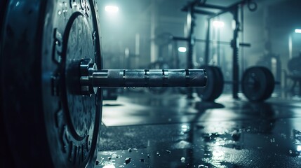 Close-up image of a barbell dumbbell with a weight plate, showcasing water droplets and a dimly lit gym environment, signifying intensity and focus in workouts.