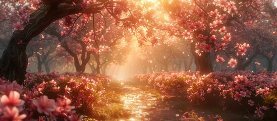 Fototapeta premium Golden Light Through Blossoming Trees