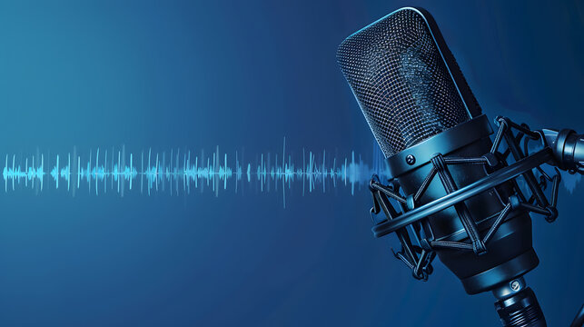 Banner featuring microphone and waveform on blue background for sound and media content