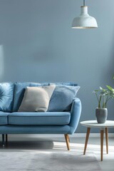 Ultra sharp photo a Scandinavian-style blue sofa, showcasing its modern design