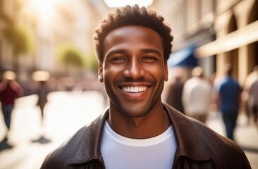 Naklejka premium urban portrait of attractive African American male. young black handsome man smiling at street.