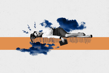 Composite photo collage of serious girl lay clouds arrow depressed mood stress problem fatigue...