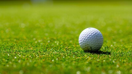 Obraz premium The solitary golf ball on pristine green grass under warm sunlight evokes a sense of simplicity, precision, and the serene and meticulous environment of the golf course.