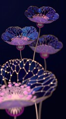 Neon holographic flowers glowing brightly against a dark urban garden, blending natural and technological elements, Urban, Digital Art, High Detail