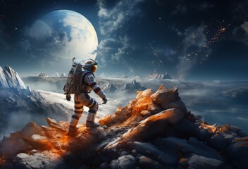 Naklejka premium A modern astronaut is depicted exploring the surface of the moon, embodying the spirit of adventure and scientific exploration in the vastness of outer space.Generated image