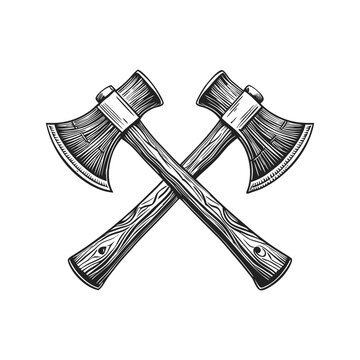 crossed axe engraving hand drawn illustration isolated white background