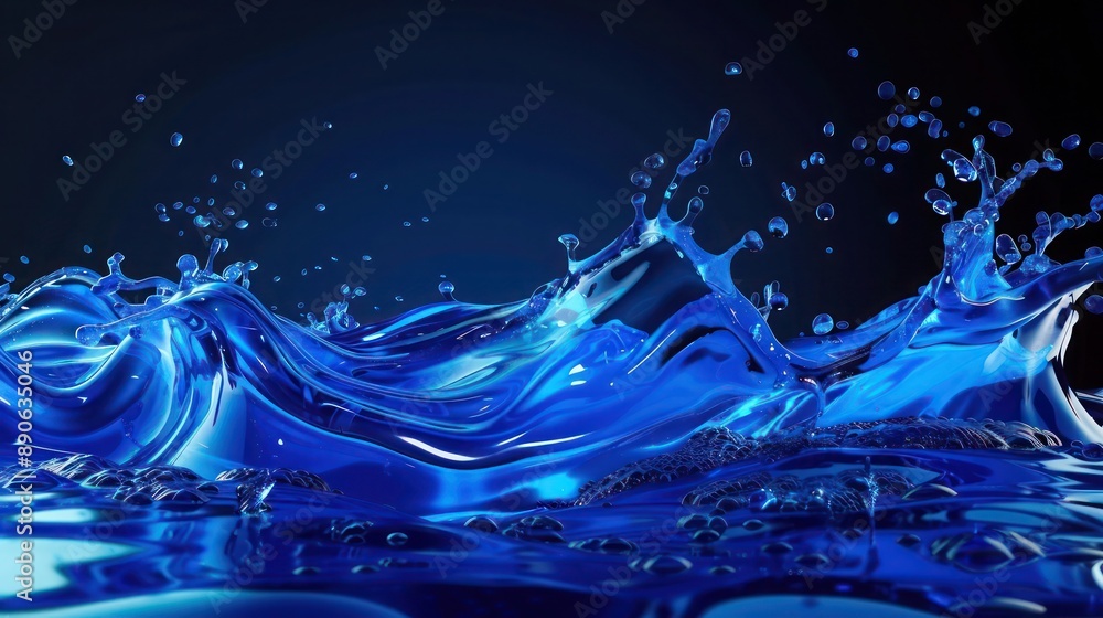 Poster vivid blue 3d abstract background with dynamic liquid splashes and flowing water patterns
