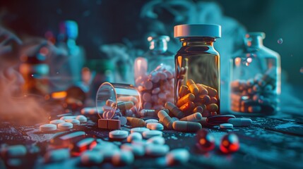 Medical pills close-up on table: Futuristic office background with computer screens displaying health data and graphs. Modern healthcare technology concept showcasing pharmaceutical advancements 
