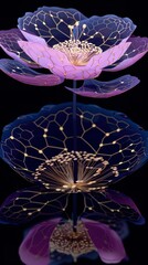 Holographic flowers with neon veins, floating in a digital landscape filled with geometric shapes, creating a futuristic effect, Futuristic, Digital Art, High Detail