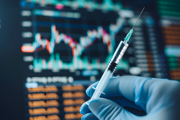 Investing in stocks in the medical sector and healthcare concept, growth in innovation and technology, medical tourism trend, hand holding a syringe and stock market chart