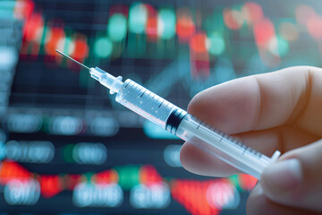 Investing in stocks in the medical sector and healthcare concept, growth in innovation and technology, medical tourism trend, hand holding a syringe and stock market chart