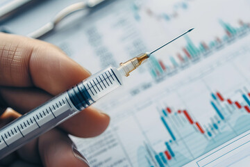 Investing in stocks in the medical sector and healthcare concept, growth in innovation and technology, medical tourism trend, hand holding a syringe and stock market chart