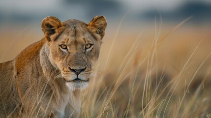Obraz premium A lion stands amid the tall grass of the savannah, gazing at the horizon. The image captures the serene and composed nature of the majestic big cat.